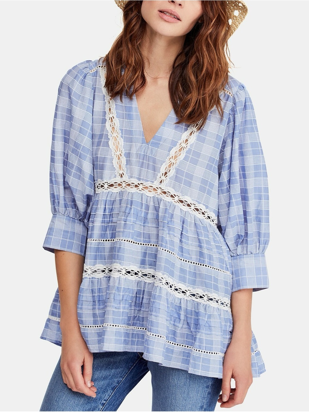Free People Light Blue Plaid Peasant Tunic with White Lace
